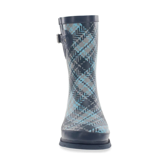 Tall patterned rain boot with black trim and a side buckle