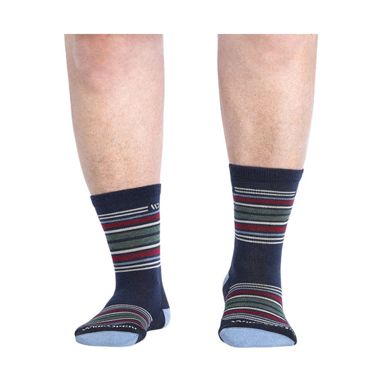 Pair of navy striped micro crew socks with light blue toes and heels, shown on lower legs