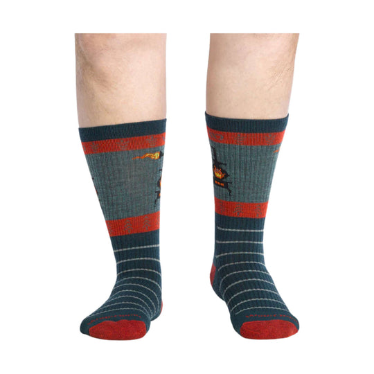 Pair of dark blue and red striped crew socks shown on legs.