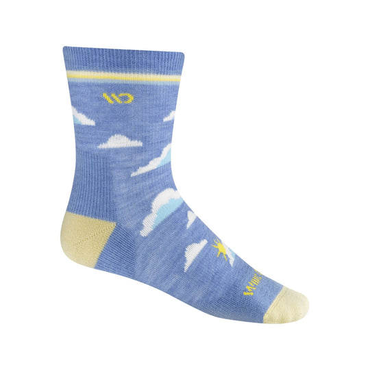 Blue crew sock with white clouds, yellow accents, and a light cream toe and heel.
