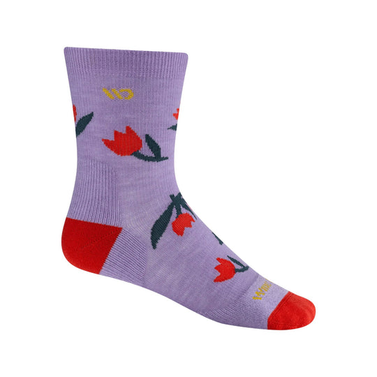 Lavender crew sock with red toe and heel, red tulip pattern, and dark green leaves