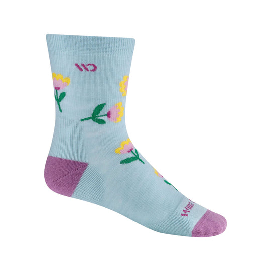 Light blue crew sock with pink heels and toes and scattered floral print