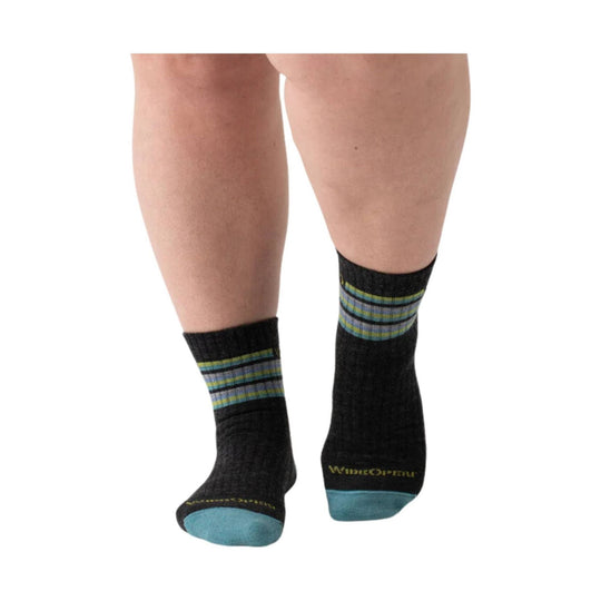 Black ankle socks with blue and green stripe cuffs and teal toes