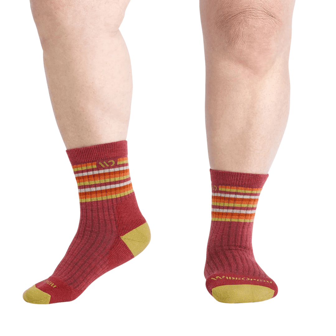 Cranberry ankle socks with multicolor stripes and yellow heel and toe