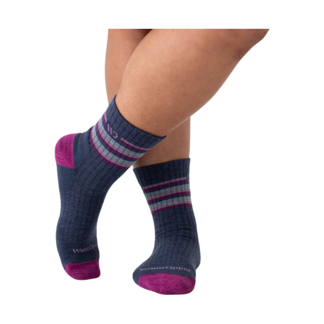 Denim ankle socks with magenta heels and toes and multicolor striped cuffs