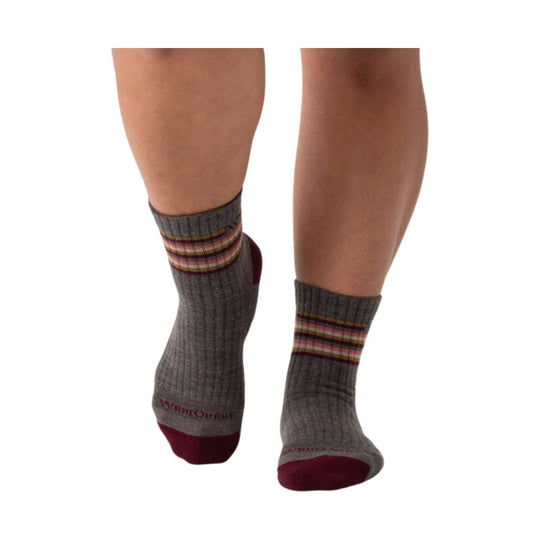 Gray ribbed micro crew socks with multicolor stripe bands and burgundy toe and heel accents