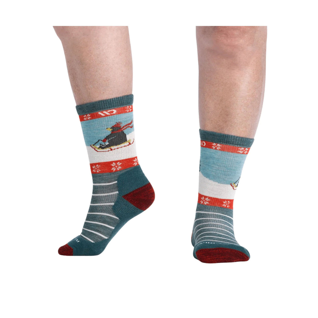 Teal crew socks with red trim, gray stripes, and a skier pattern