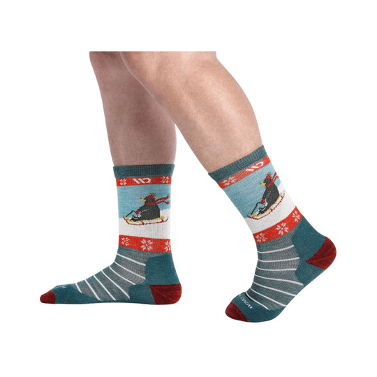 Teal, red, and gray crew socks with a skier and snowflake pattern