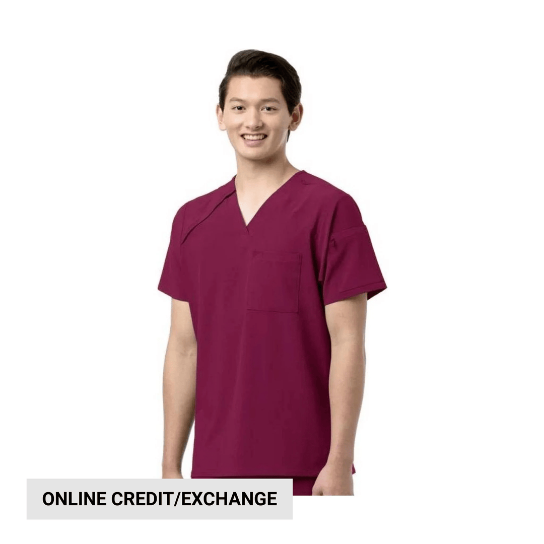 Maroon V-neck scrub top with short sleeves, chest pocket, and online credit/exchange banner