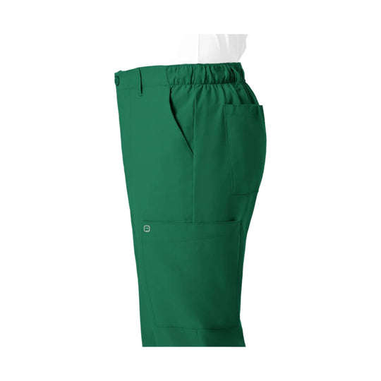 Green cargo scrub pant shown in side view with elastic waistband and patch pockets