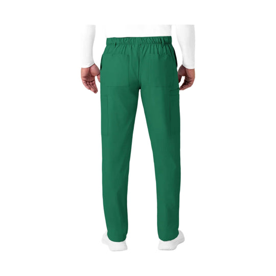 Green straight-leg cargo scrub pants shown from the back with elastic waistband and patch pockets