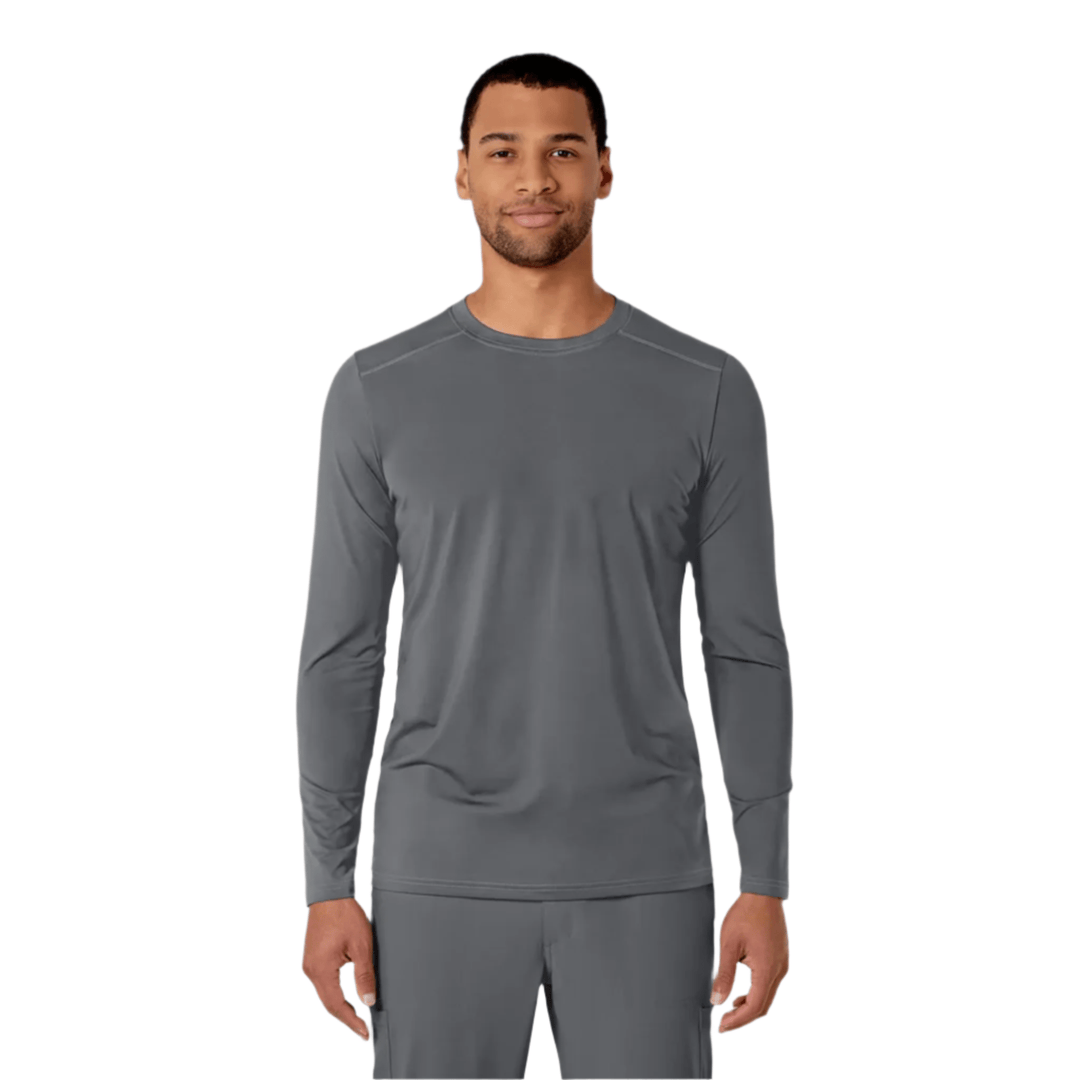 Gray long-sleeve crewneck athletic shirt shown on a model