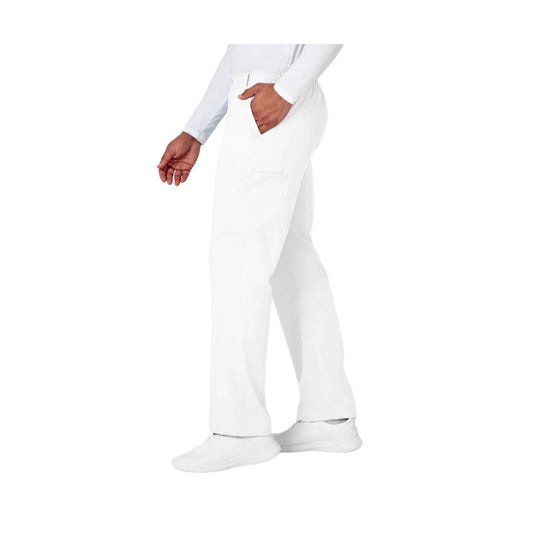 White straight-leg pants with cargo pocket and side hand pocket, shown on a model from the waist down