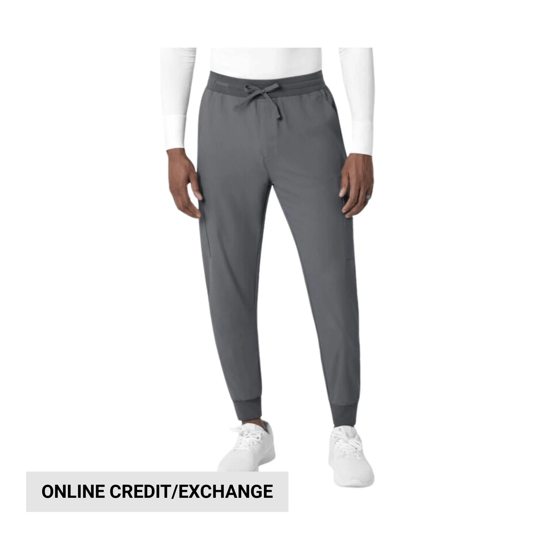 Gray jogger scrub pants with drawstring waist, shown on a model with white sneakers