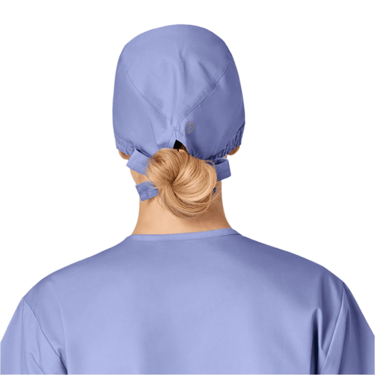 Lavender scrub cap shown from the back, with an elastic tie and a bun opening