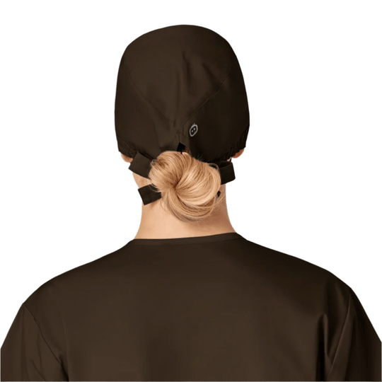 Brown scrub cap shown from the back, with an elastic tie closure and a small logo at the back