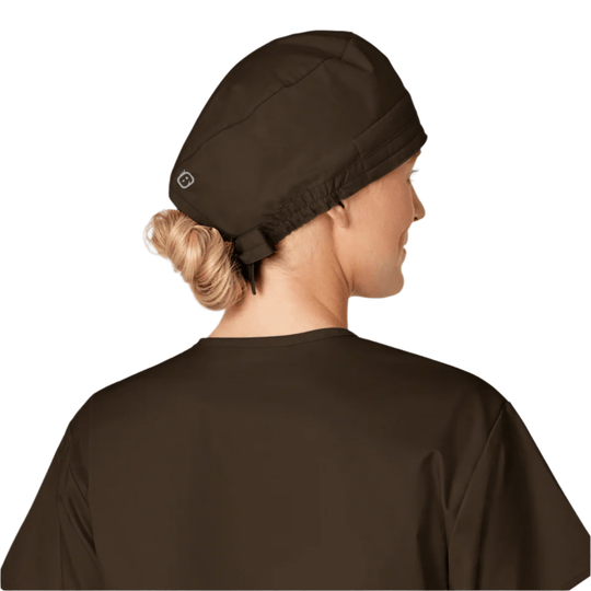 Brown scrub cap with an elastic back, seen from the side and back