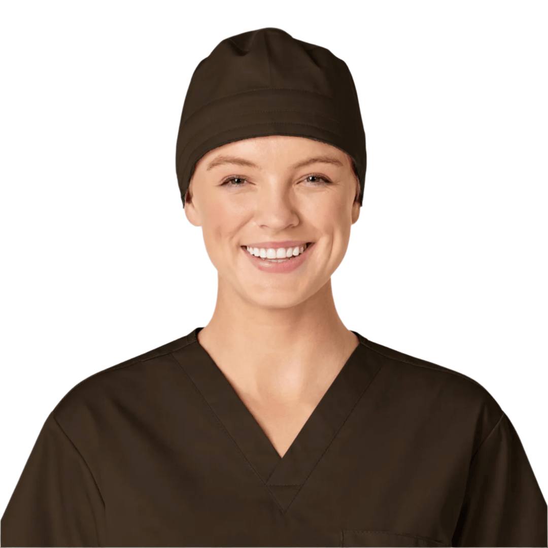 Brown scrub cap worn on a smiling model, front view