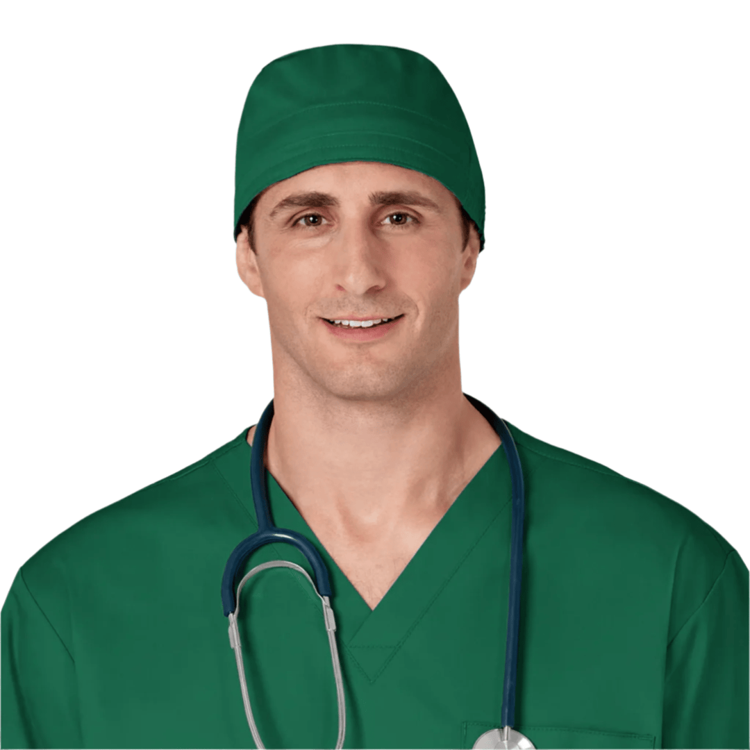 Green scrub cap with matching V-neck scrub top and stethoscope