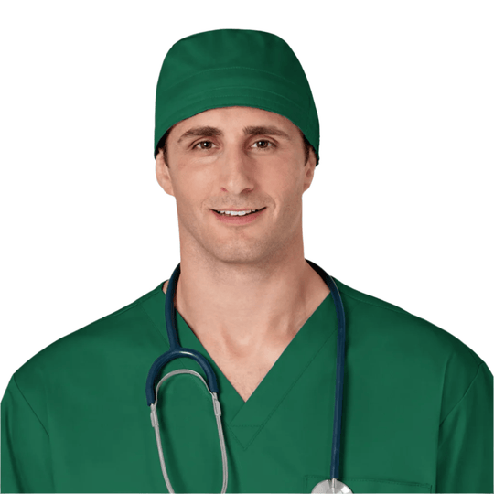Green scrub cap with matching V-neck scrub top and stethoscope