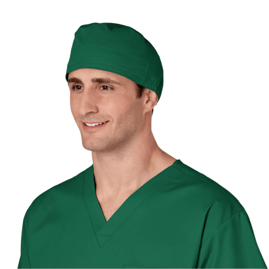 Green scrub cap and V-neck scrub top worn by a male model