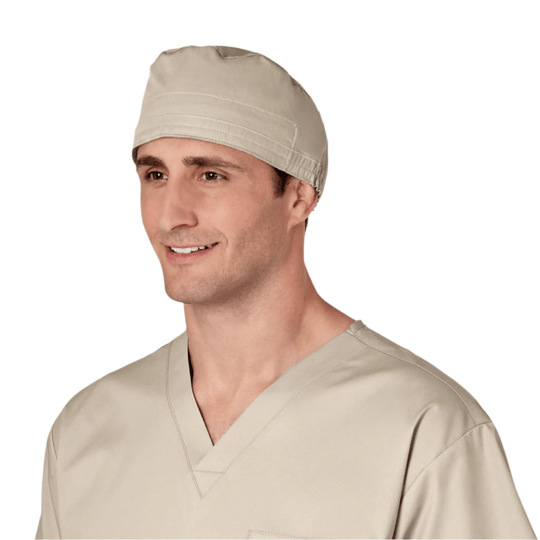 Beige scrub cap on a male model wearing beige scrubs