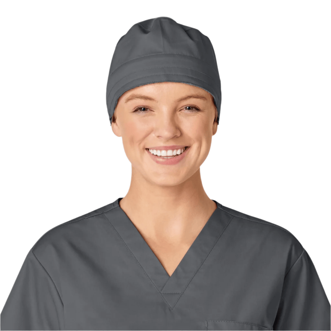 Gray scrub cap worn with matching scrub top, front view