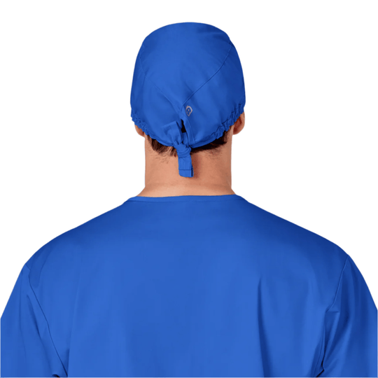 Blue scrub cap shown from the back with a tie closure