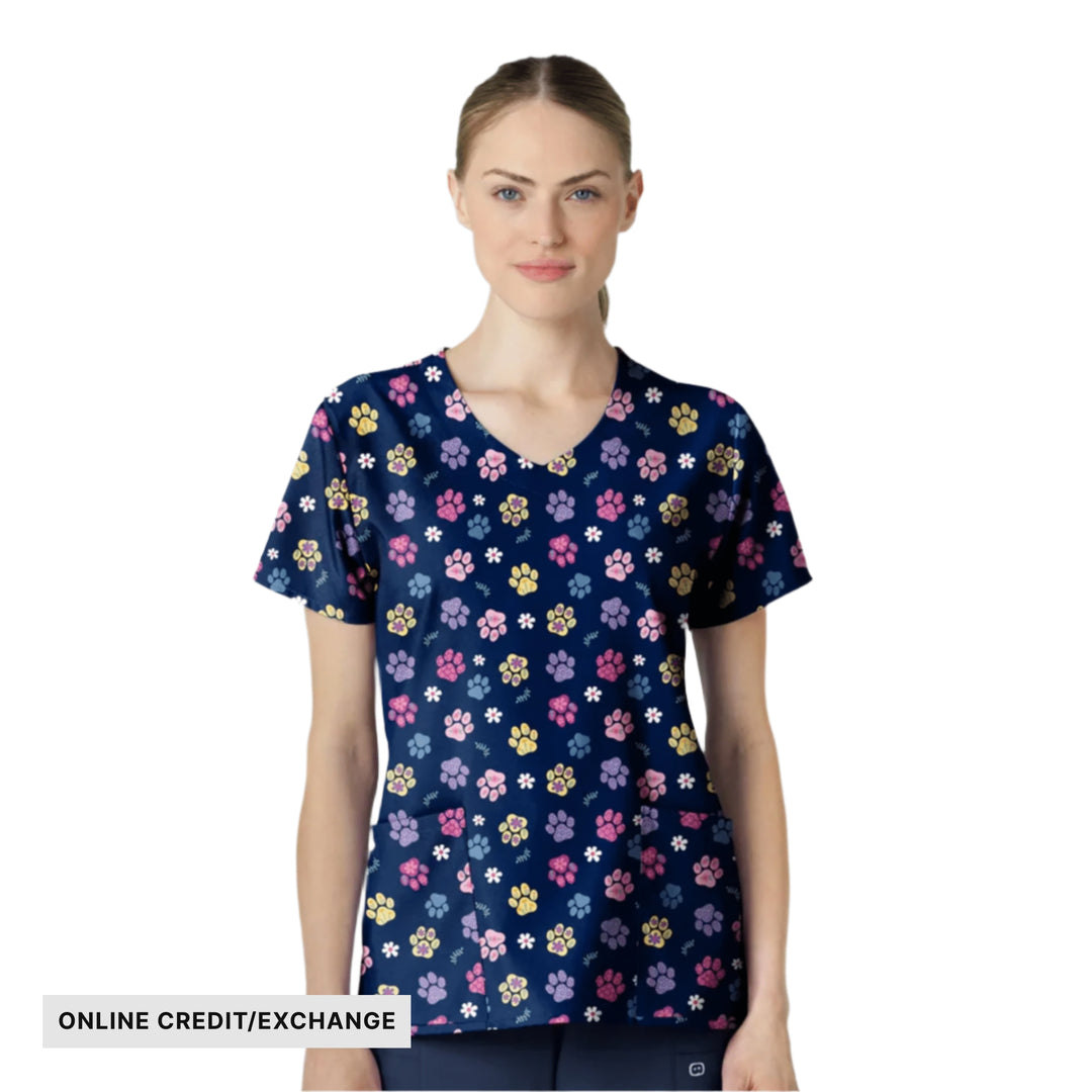 Wink Women's Fashion Prints V Neck Scrub Top - Springtime Stroll Navy - ONLINE CREDIT/EXCHANGE - Lenny's Shoe & Apparel