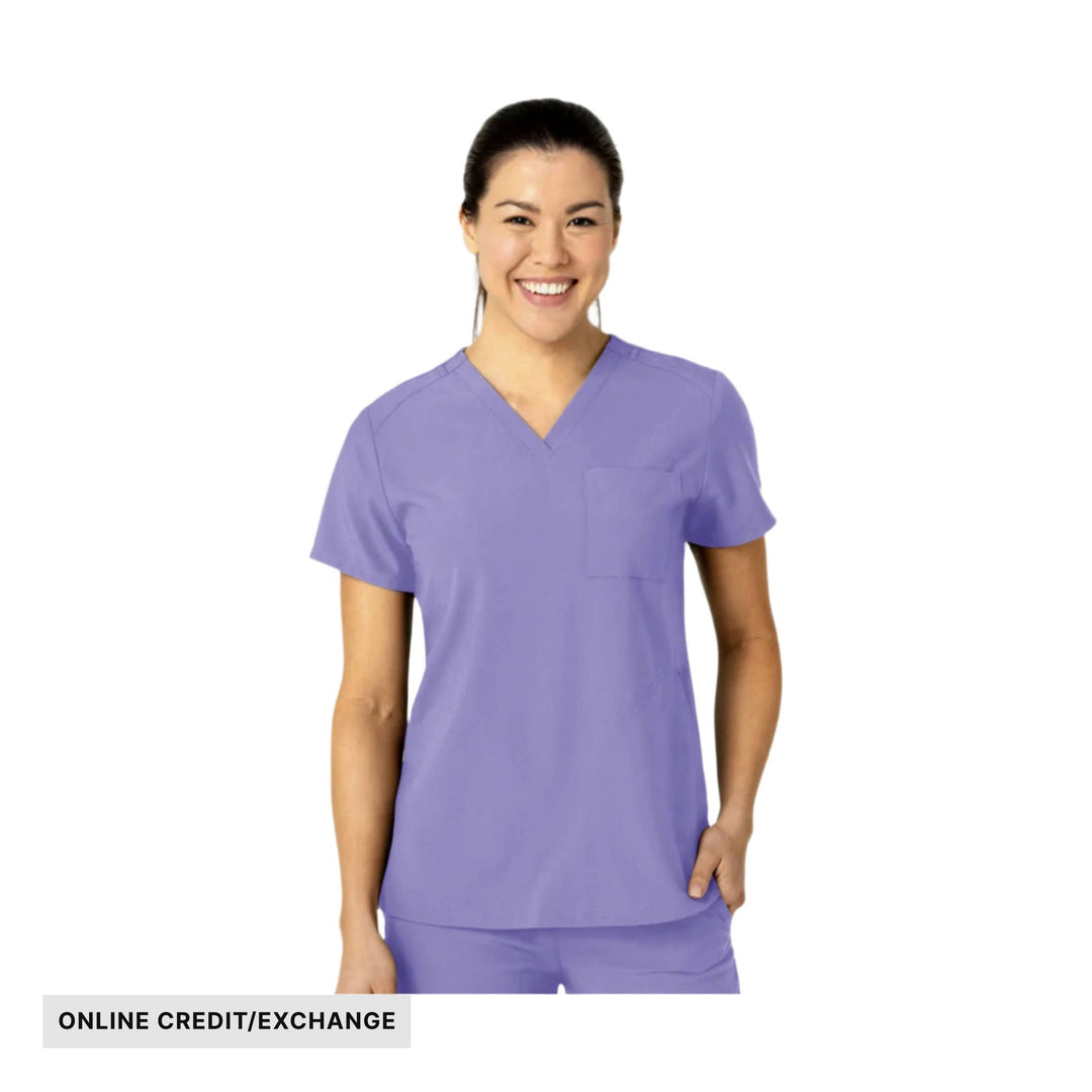 Lavender short-sleeve V-neck scrub top with chest pocket, shown on a model