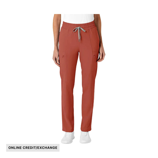Rust-colored slim-leg scrub pants with elastic waistband, drawstring, and side pockets; "ONLINE CREDIT/EXCHANGE" text at bottom