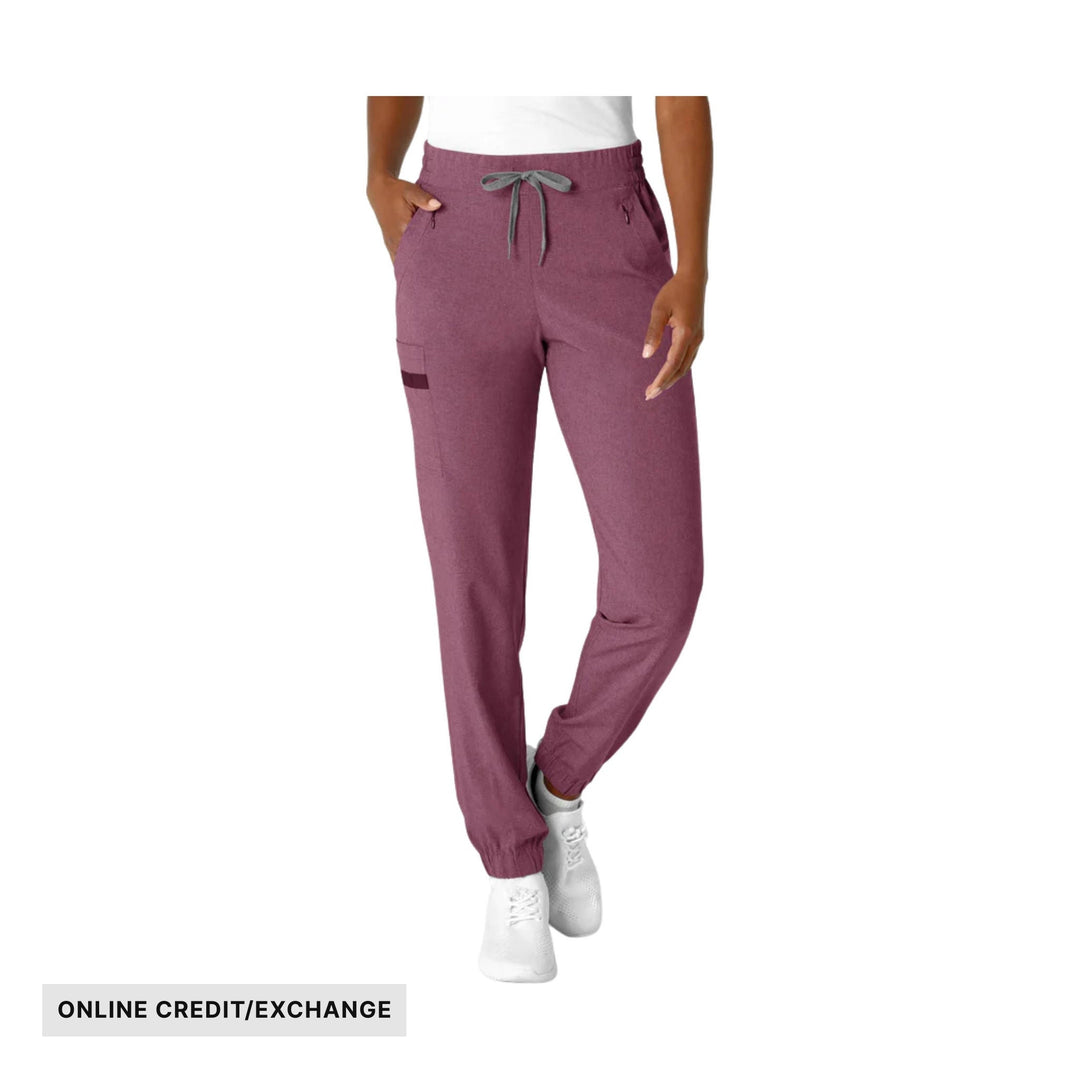 Heathered plum jogger pants with drawstring waist, zip pockets, and ribbed cuffs; ONLINE CREDIT/EXCHANGE