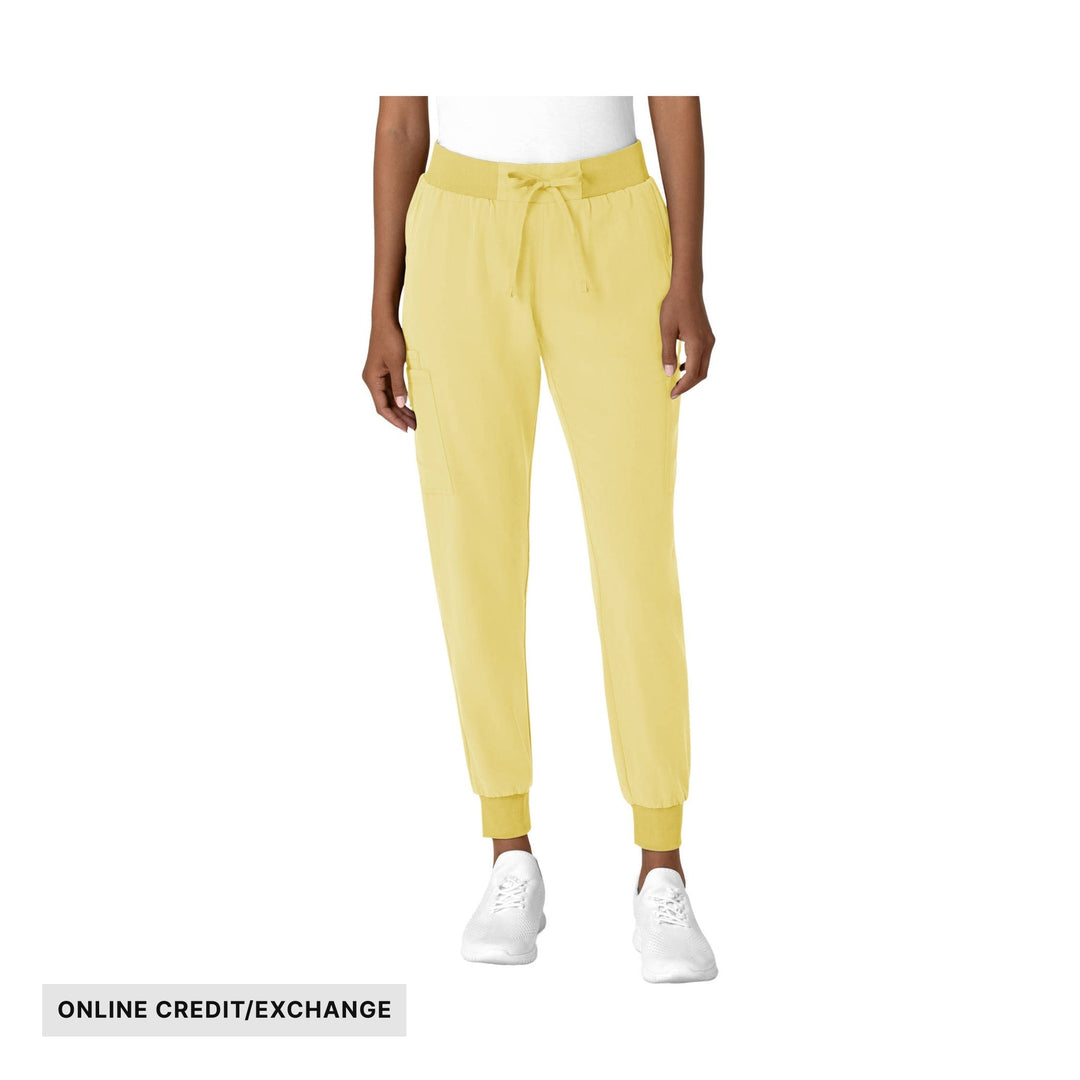 Yellow jogger scrub pants with drawstring waist, side cargo pocket, and cuffed ankles