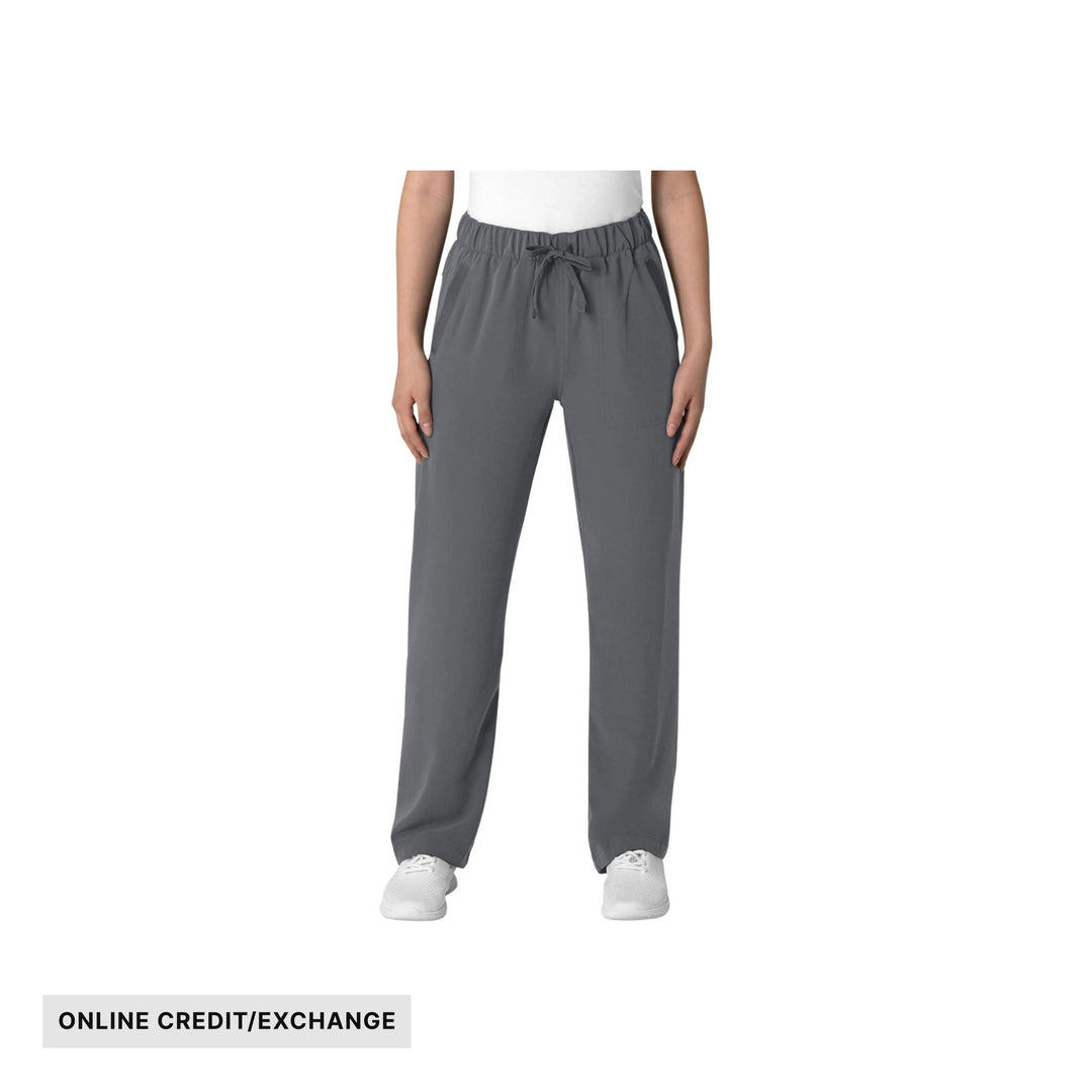 Gray women’s scrub pants with drawstring waist and tapered legs; ONLINE CREDIT/EXCHANGE
