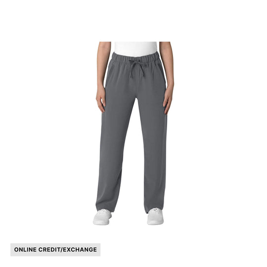 Gray women’s scrub pants with drawstring waist and tapered legs; ONLINE CREDIT/EXCHANGE