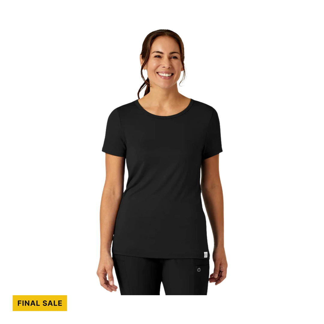 Black short-sleeve scoop-neck T-shirt with a small hem tag and FINAL SALE label