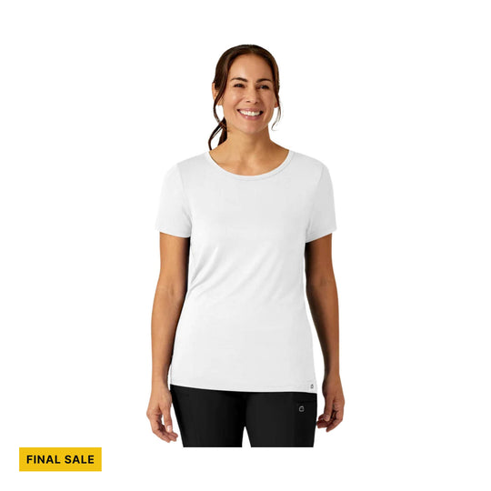 White short-sleeve crewneck T-shirt on a model with a yellow FINAL SALE label