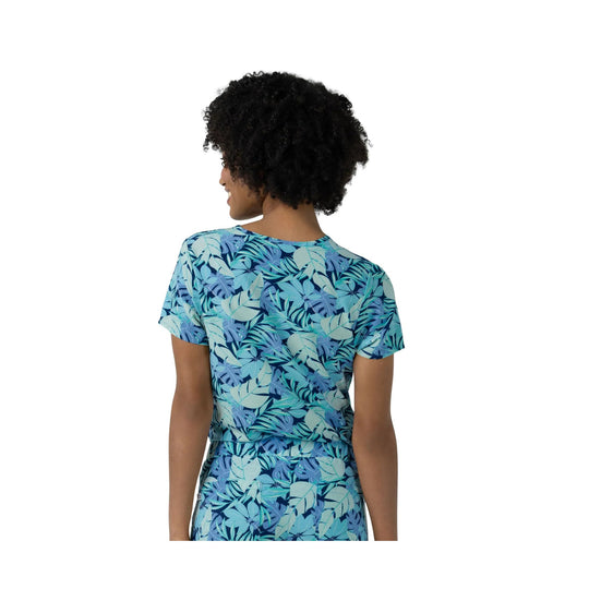Women's blue tropical-print scrub top shown from the back