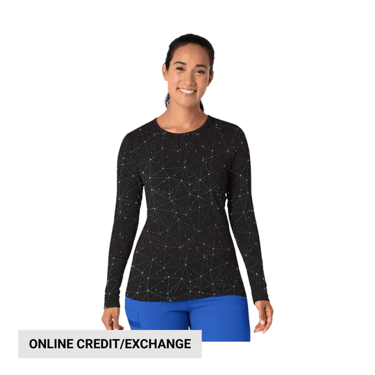 Black long-sleeve athletic top with a geometric star-like pattern, shown on a model