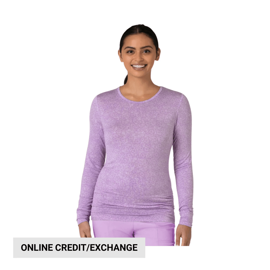 Lavender long-sleeve women’s top with a subtle floral print, shown front view