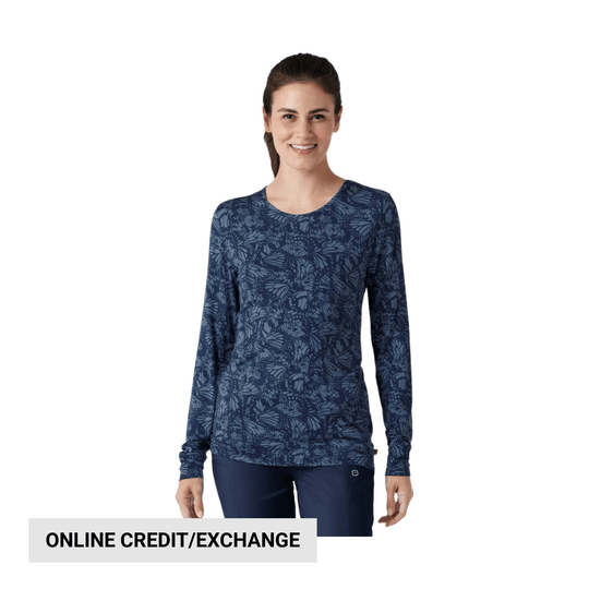 Navy long-sleeve floral print athletic top on a model, with "ONLINE CREDIT/EXCHANGE" text overlay