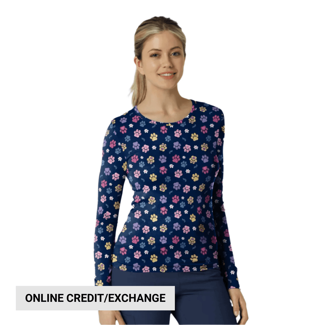 Navy long-sleeve scrub top with colorful paw prints