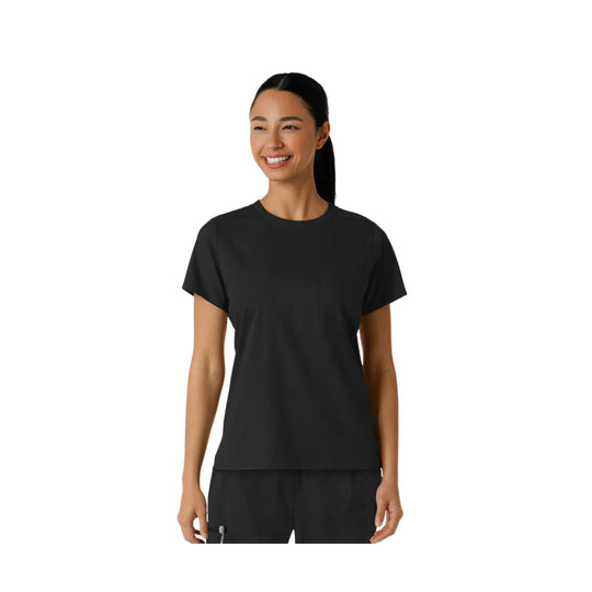 Black short-sleeve crewneck scrub top with a relaxed fit