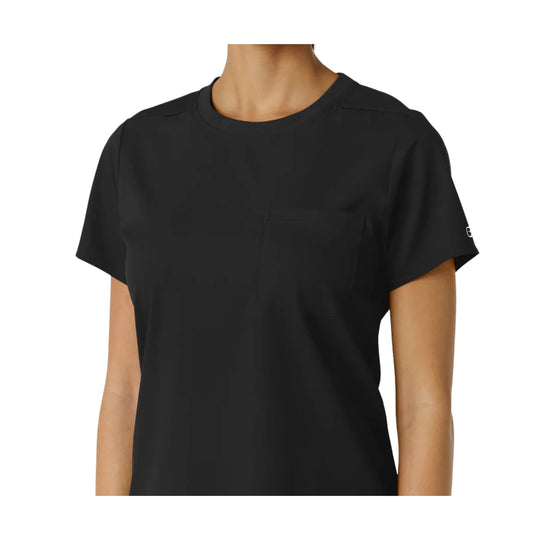 Black short-sleeve crewneck scrub top with chest pocket