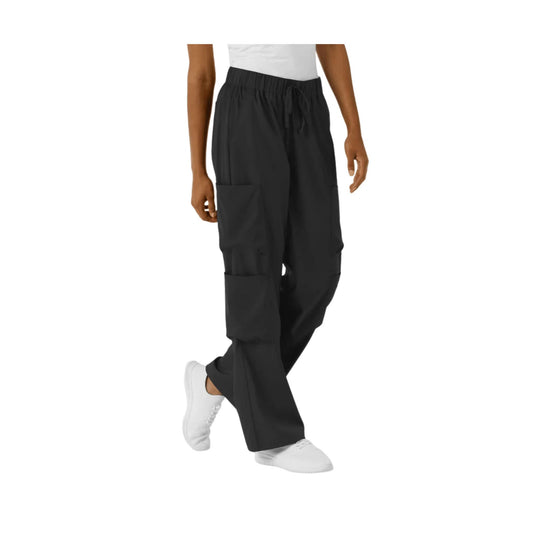 Black wide-leg cargo pants with large flap pockets, shown on a model with white sneakers