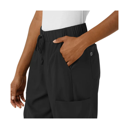 Black wide-leg scrub pants with elastic waist, drawstring, and side pockets