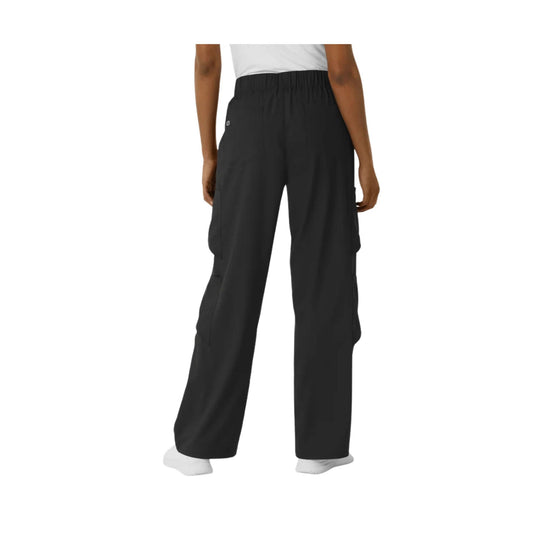 Black wide-leg cargo pants with an elastic waist and side pockets, shown from the back.