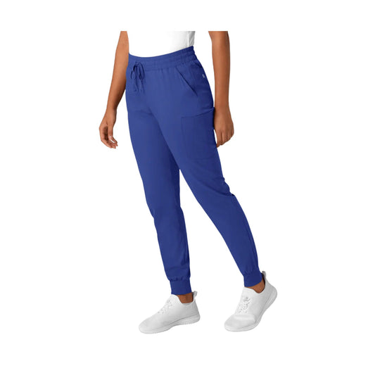 Blue jogger scrub pants with elastic waistband, drawstring, cargo pockets, and tapered cuffs