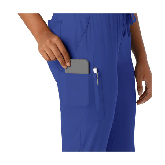 Blue jogger scrub pants with side cargo pocket and pen slot