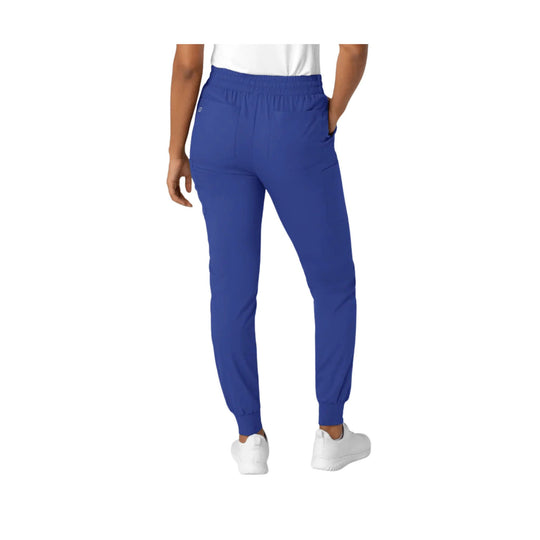 Blue jogger scrub pants shown from the back on a model, with elastic cuffs and side pockets